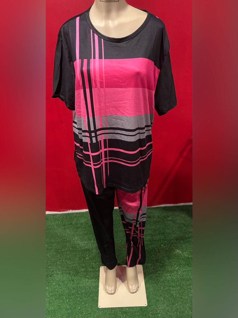 Bold Pink & Black Geometric Stripe Activewear Set